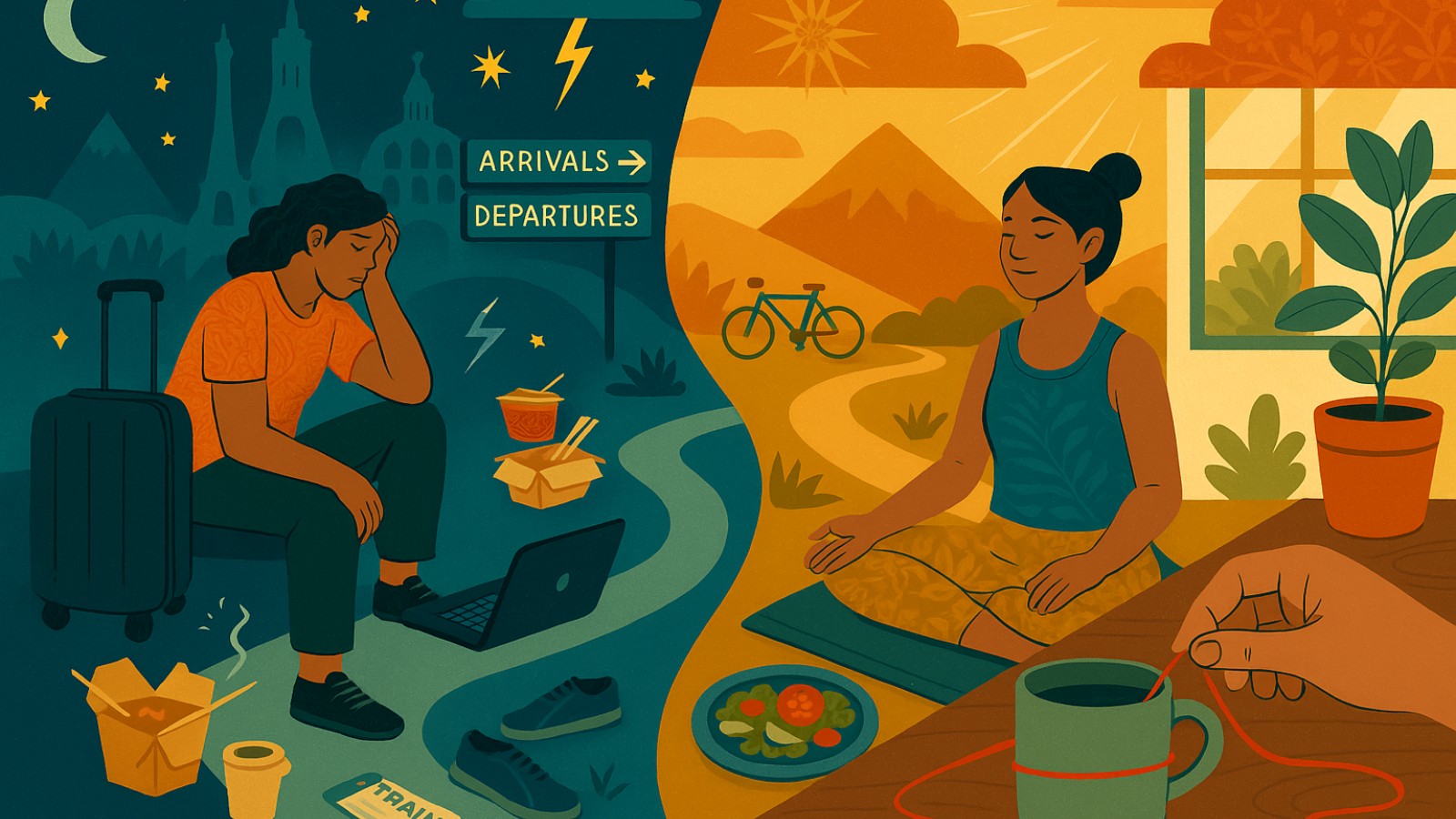 Split illustration showing contrast between a stressed traveler in a dark airport scene and a calm person meditating in a sunny, peaceful home setting.